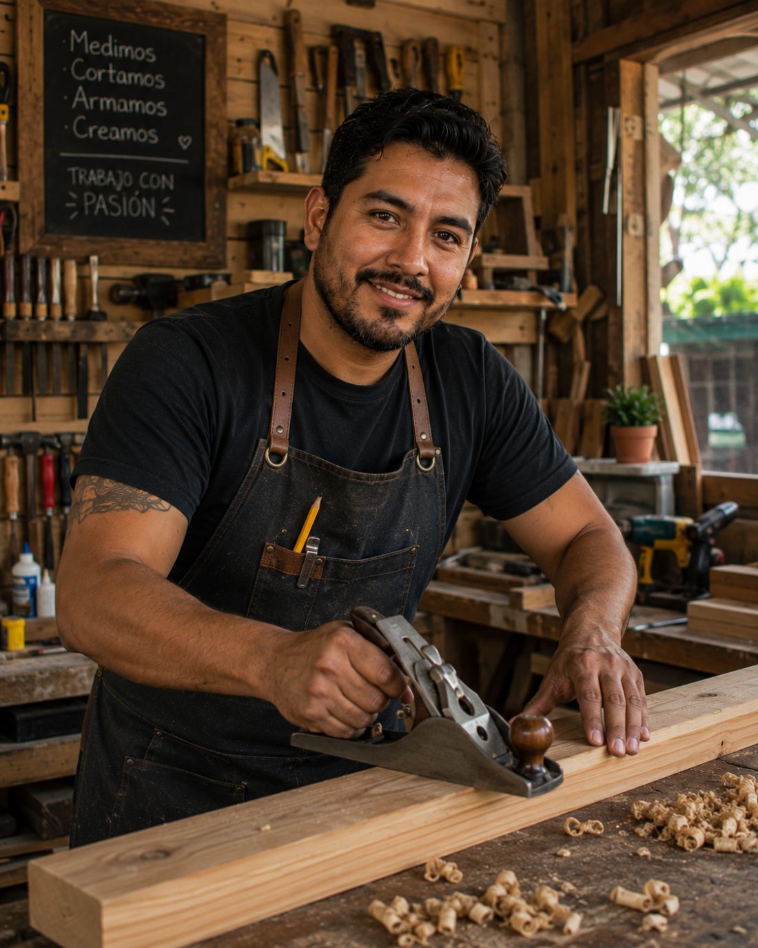 Emprendedor mexicano trabajando en su taller de carpintería