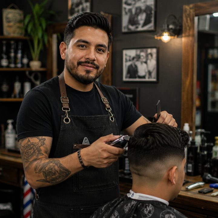 Barbero atendiendo a un cliente en su barbería