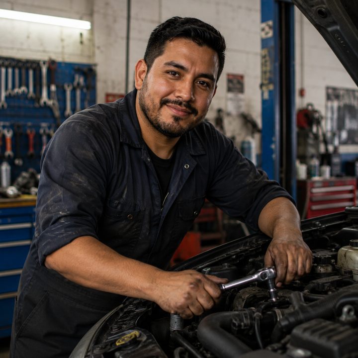 Mecánico trabajando en su taller automotriz